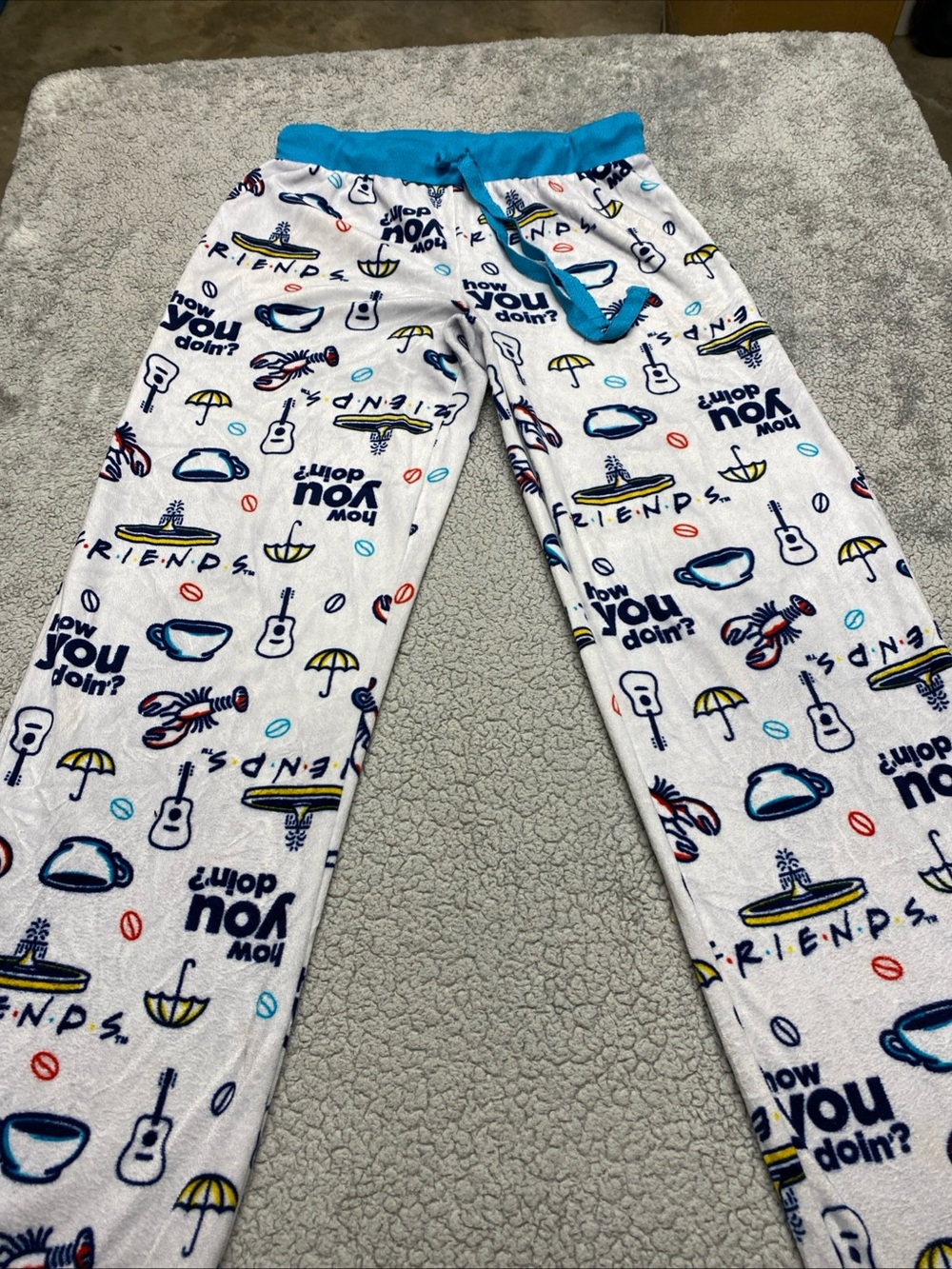 FRIENDS White Pajama Pants with Blue Waistband and Multicolor Prints
